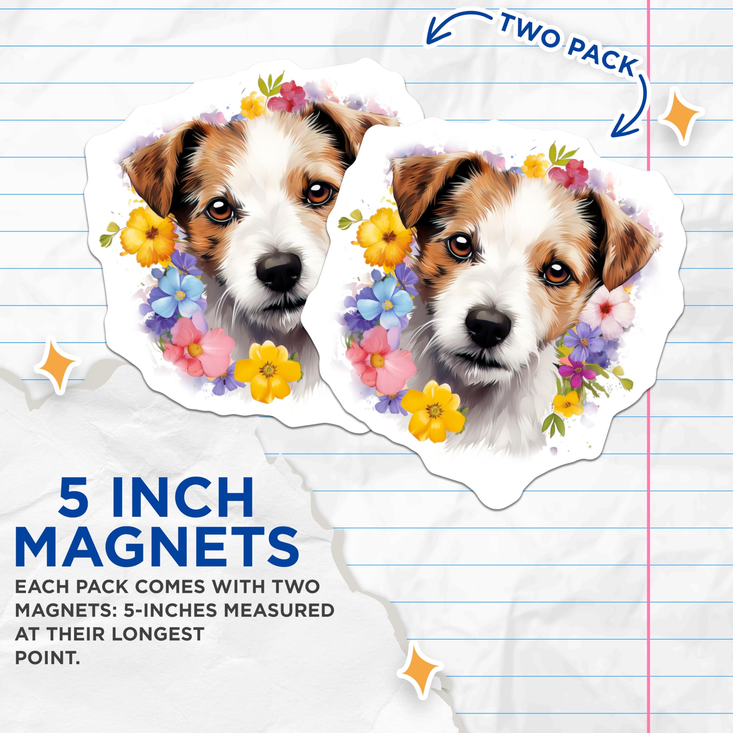 (2 Pack) Floral Dog Magnets - Cute Puppy Decor - Pet Lover Refrigerator Art - Jack Russell Theme - 5 Inches On Longest Side - Thick Durable Magnet - Made in USA - MAG28540