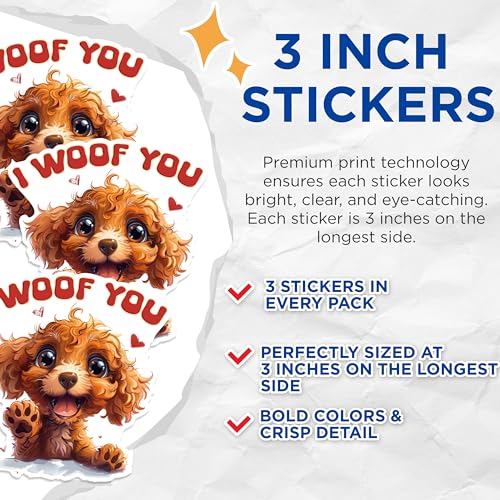 (3 Pack) I Woof You Decals - Puppy Love Decal - Valentine's Day Decal - 3 Inches On Longest Side - Easy Peel & Apply - Made in USA - 3MCS1399