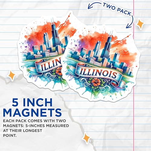 (2 Pack) Illinois Skyline Magnets - Chicago Cityscape - Vibrant Illinois Souvenir - Decorative Illinois Fridge Magnets - 5" On Longest Side - for Cars, Fridges, Toolboxes - Made in USA - MAG7007