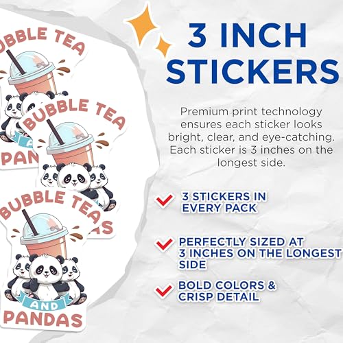 (3 Pack) Panda Bear Decals - Bubble Tea Decals - Cute Animal Stickers - 3 Inches On Longest Side - Easy Peel & Apply - Made in USA - 3MCS6518
