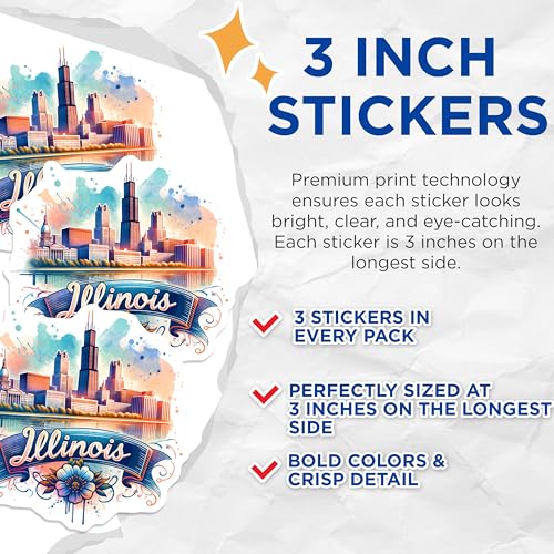 (3 Pack) Illinois Decals - Chicago Skyline - Watercolor Stickers- 3 Inches On Longest Side - Easy Peel & Apply - Made in USA - 3MCS5706