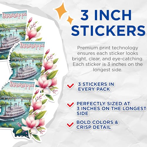 (3 Pack) Mississippi Decals - State Pride - Steamboat Riverboat Design - 3 Inches On Longest Side - Easy Peel & Apply - Made in USA - 3MCS0140