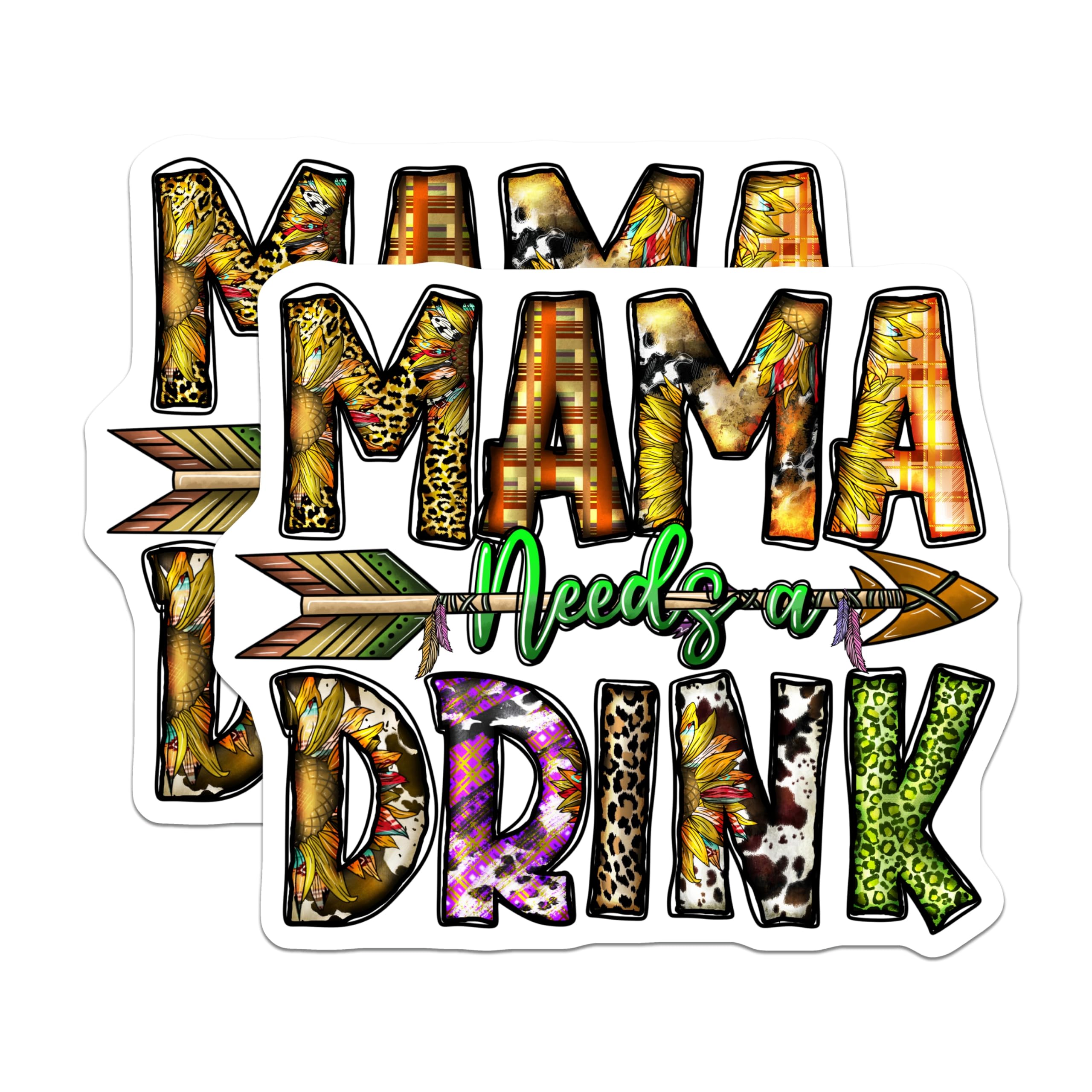 (2 Pack) Mama Needs A Drink Magnets - Funny Mom Life Sunflower - Leopard Cow Print Kitchen Decor - Refrigerator Accent - 5 Inches On Longest Side - Thick Durable Magnet - Made in USA - MAG30211
