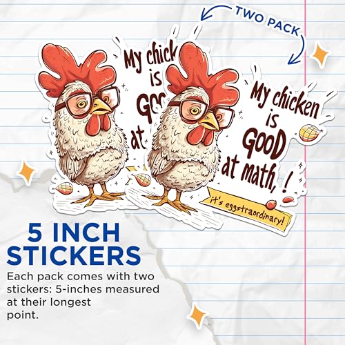 (2 Pack) Funny Chicken Stickers - Good at Math Stickers - Cute Animal Stickers - 5" On Longest Side - Sticks to Any Smooth Flat Surface - Made in USA - BMCS2607