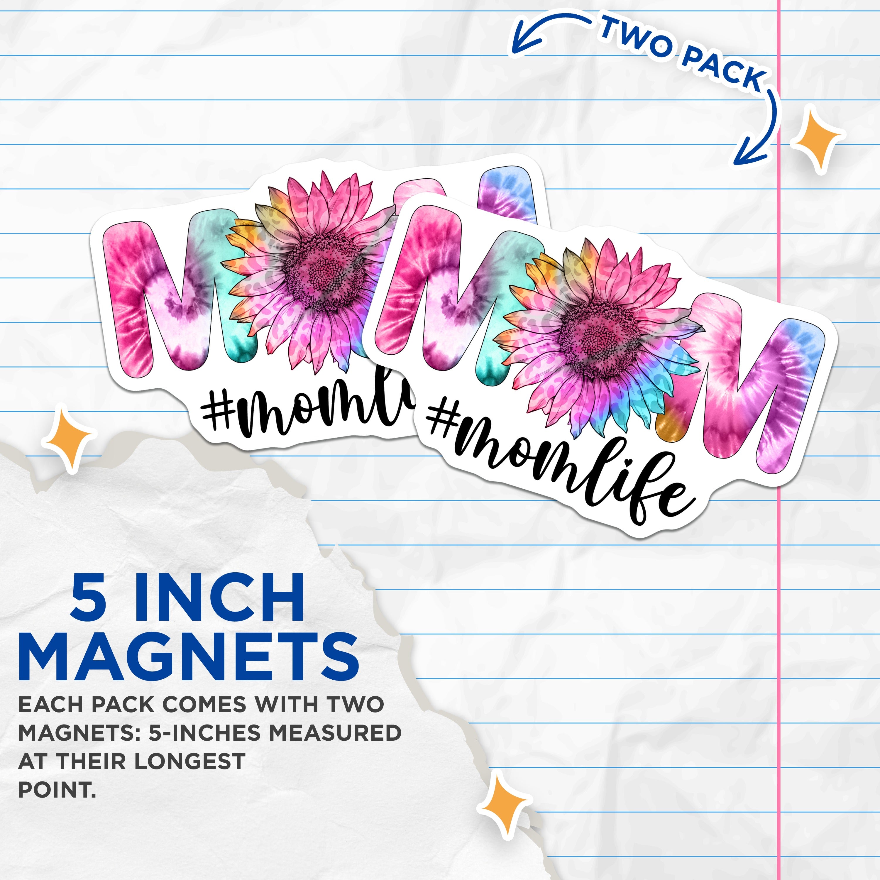 (2 Pack) Mom Life Tie Dye Sunflower Magnets - Mama Fridge Decor - Mother's Day Appreciation - 5 Inches On Longest Side - Thick Durable Magnet - Made in USA - MAG39498