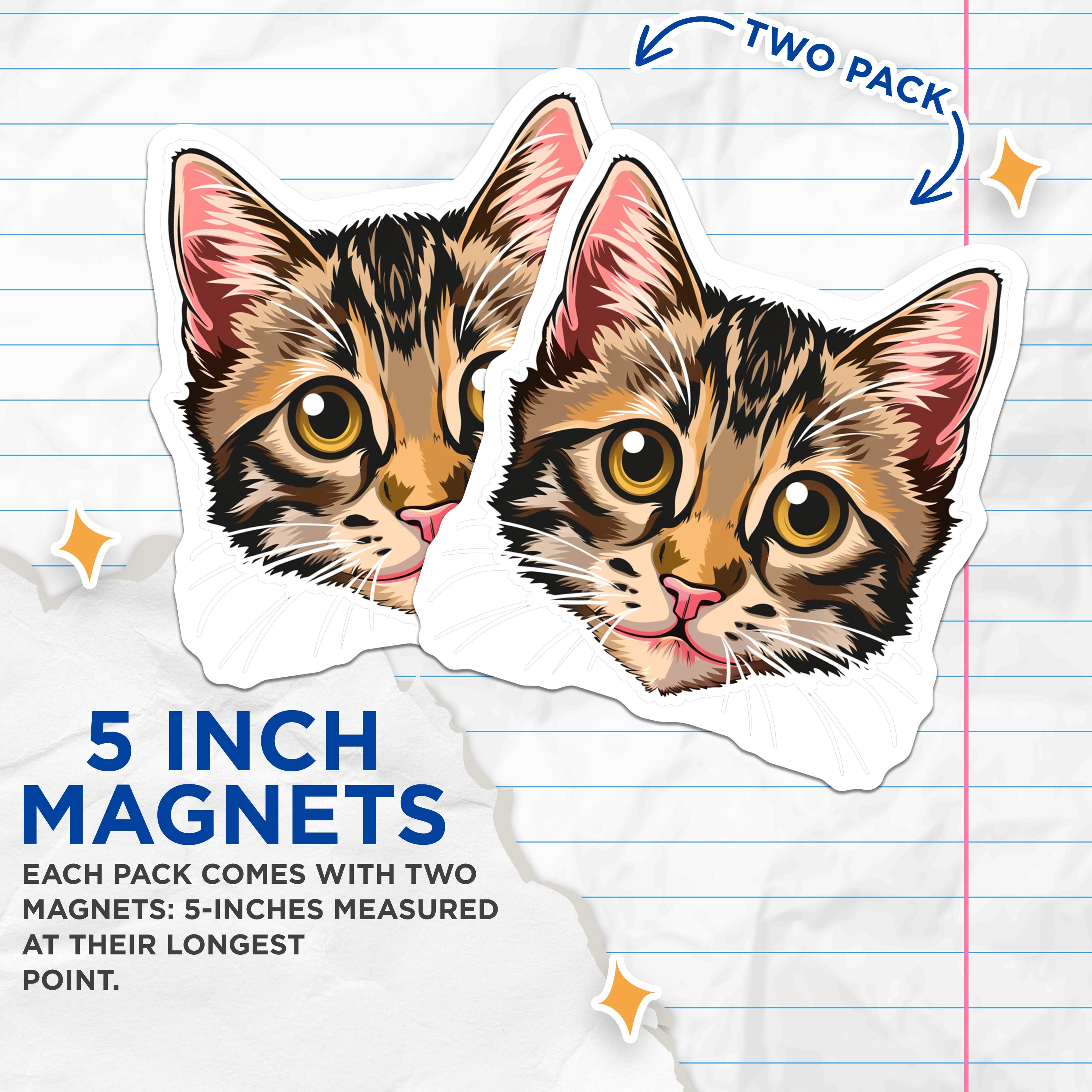 (2 Pack) Tabby Cat Face Magnets - Cute Kitten Art - Pet Lover Fridge Decor - Cat Mom Accessory - 5 Inches On Longest Side - Thick Durable Magnet - Made in USA - MAG39727
