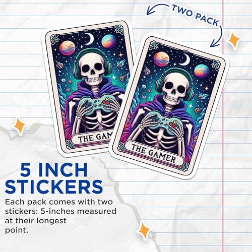 (2 Pack) Gamer Skeleton Stickers - Video Game Stickers - Skull Gamer Decal - 5" On Longest Side - Sticks to Smooth Flat Surfaces - Made in USA - BMCS5413