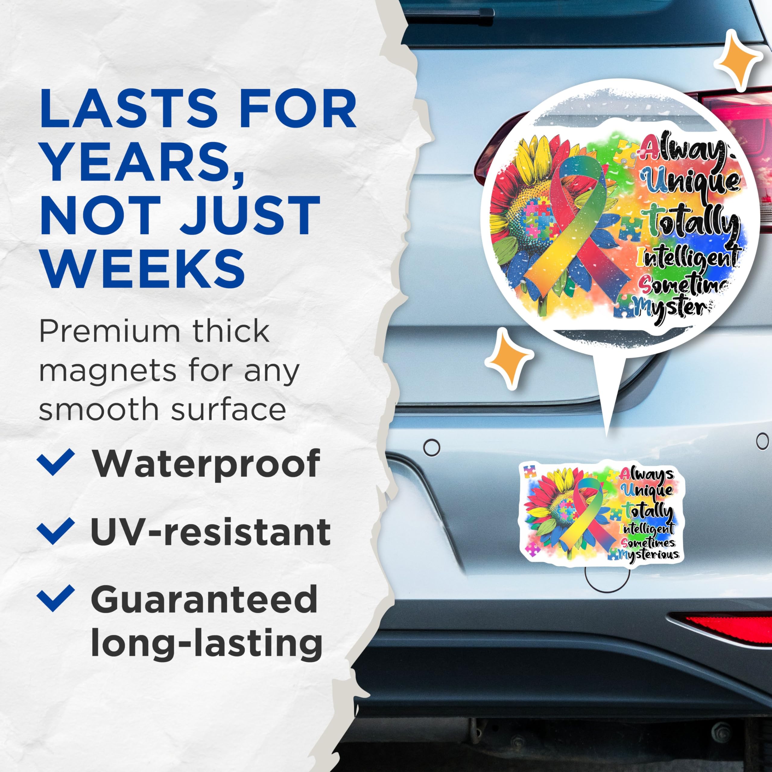 (2 Pack) Colorful Autism Awareness Magnet - Inspirational Flower Design - 5" On Longest Side - Sticks to Smooth Flat Surfaces - Made in USA - MAG9691