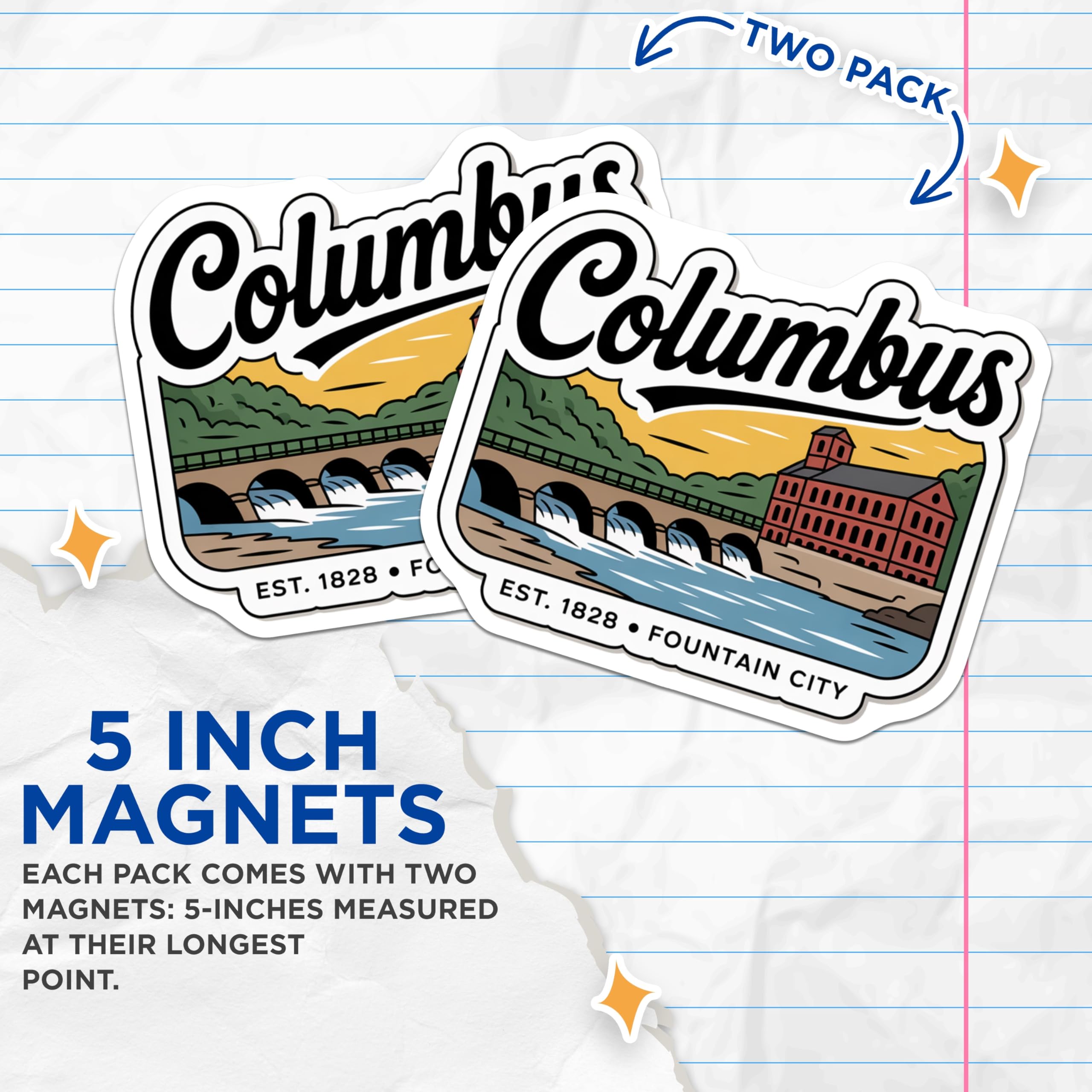 (2 Pack) Columbus Ohio Magnets - Fountain City Landmark - Est 1828 Vintage Souvenir - 5 Inches On Longest Side - Thick Durable Magnet - Made in USA - MAG19306