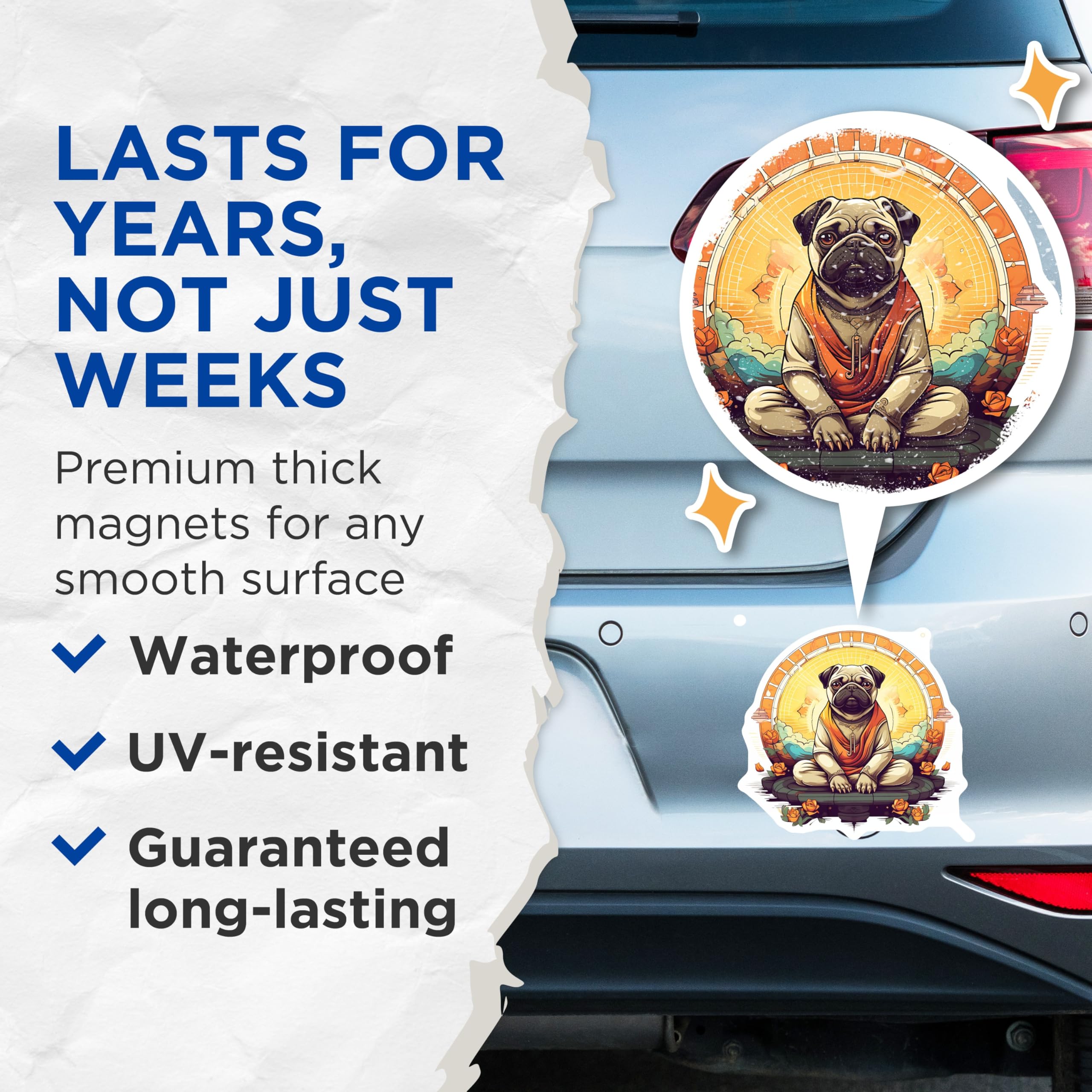 (2 Pack) Pug Buddha Magnets - Meditating Zen Dog Art - Spiritual Animal Decor - 5 Inches On Longest Side - Thick Durable Magnet - Made in USA - MAG23140