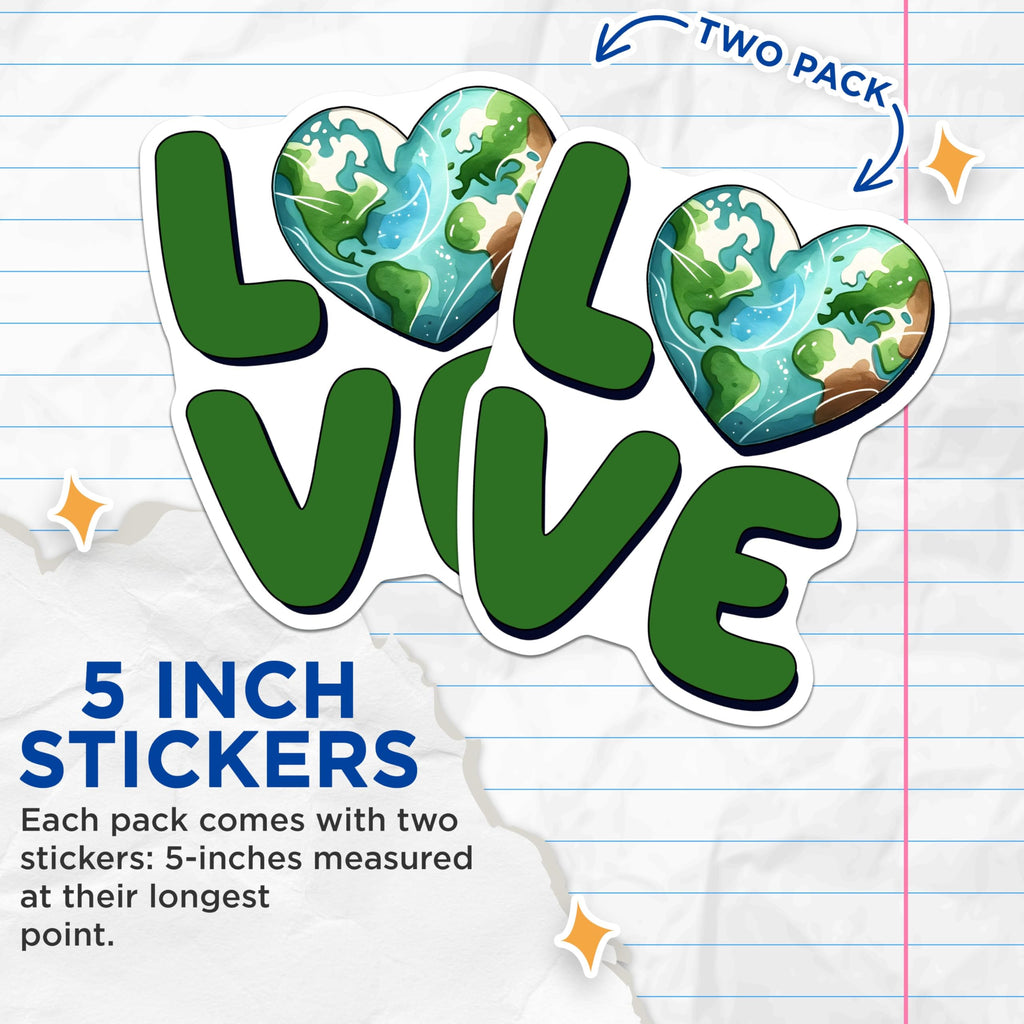 (2 Pack) Love Earth Stickers - Planet Heart - Eco Friendly - 5" On Longest Side - Sticks to Smooth Flat Surfaces - Made in USA - BMCS9755