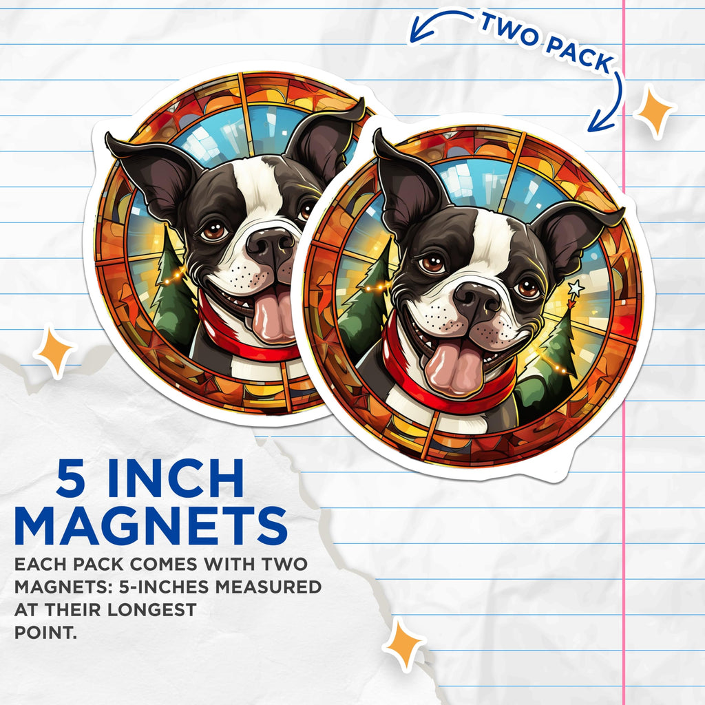 (2 Pack) Boston Terrier Magnets - Christmas Dog Decor - Stained Glass Pet Art - Holiday Fridge Magnet - 5 Inches On Longest Side - Thick Durable Magnet - Made in USA - MAG26577