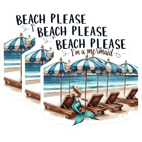 (3 Pack) Beach Please I'm a Mermaid Decals - Summer Beach - Mermaid Art - 3 Inches On Longest Side - Easy Peel & Apply - Made in USA - 3MCS8069