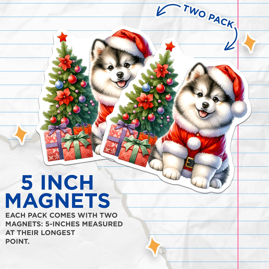 (2 Pack) Santa Dog Magnets - Christmas Puppy Holiday Decor - Festive Pet Lover Presents - Cute Fluffy Dog - 5 Inches On Longest Side - Thick Durable Magnet - Made in USA - MAG26378