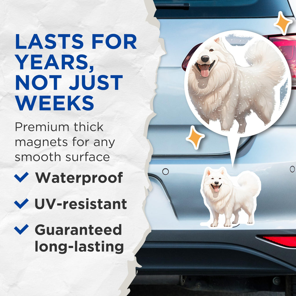 (2 Pack) Samoyed Magnets - White Fluffy Dog Decor - Happy Pet Owner Accessory - Puppy Breed Art - 5 Inches On Longest Side - Thick Durable Magnet - Made in USA - MAG26456