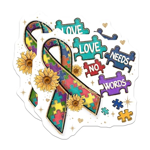 (2 Pack) Autism Awareness Stickers - Love Needs No Words Stickers - Puzzle Piece Ribbon Stickers - 5" On Longest Side - Sticks to Smooth Flat Surfaces - Made in USA - BMCS4155