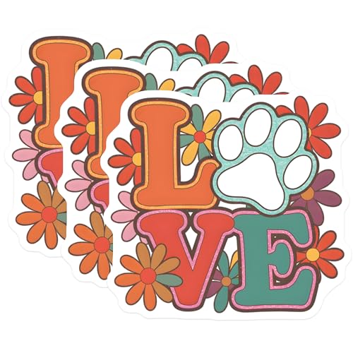(3 Pack) Love Paw Print Decals - Retro Flower Decal - Pet Lover Gift- 3 Inches On Longest Side - Easy Peel & Apply - Made in USA - 3MCS5809