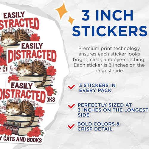 (3 Pack) Cat Books Decals - Easily Distracted - Book Lover Laptop Decal - 3 Inches On Longest Side - Easy Peel & Apply - Made in USA - 3MCS8394