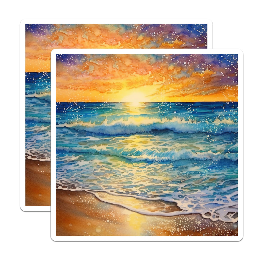 (2 Pack) Watercolor Beach Sunset Magnets - Ocean Wave Fridge Decor - Coastal Aesthetic Home Accents - 5 Inches On Longest Side - Thick Durable Magnet - Made in USA - MAG28456