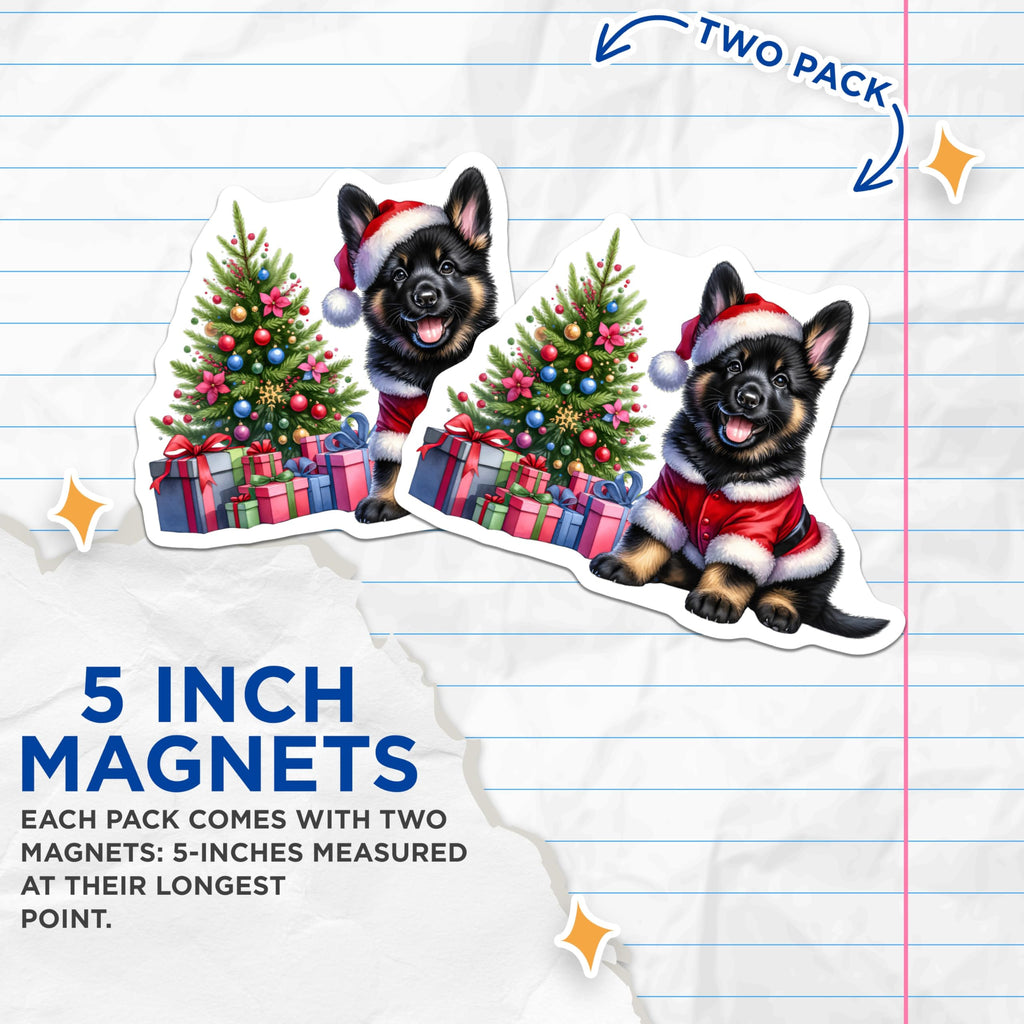 (2 Pack) German Shepherd Puppy Magnets - Christmas Holiday Decor - Santa Dog Puppy Present - 5 Inches On Longest Side - Thick Durable Magnet - Made in USA - MAG23539