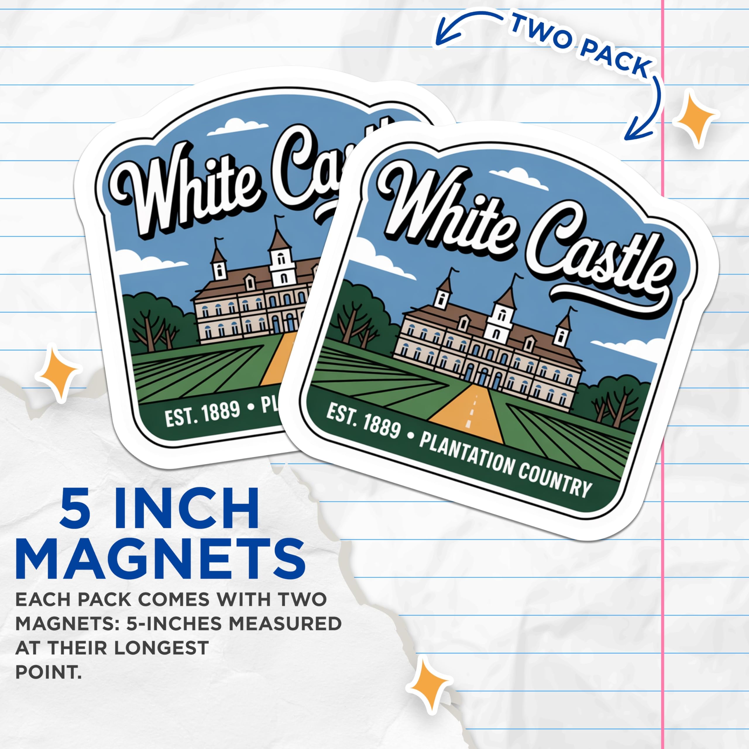 (2 Pack) White Castle Magnets - Landmark Illustration - Plantation Country Kitchen Decor - 5" On Longest Side - Premium Magnet - for Cars, Refrigerators, Toolboxes, Lockers - Made in USA - MAG17498