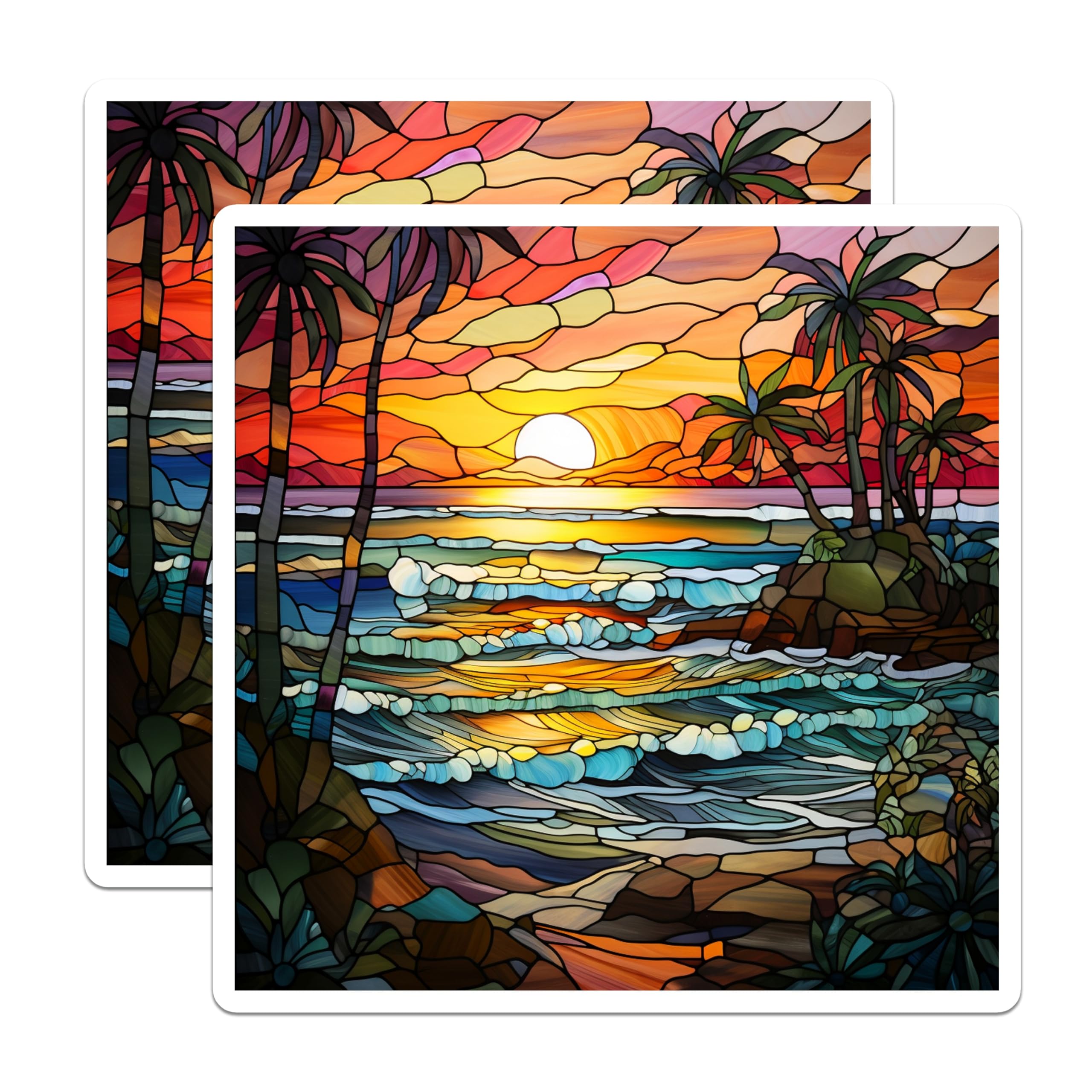 (2 Pack) Stained Glass Ocean Magnets - Tropical Sunset Coastal Decor - Beach Scene Fridge Magnets - 5 Inches On Longest Side - Thick Durable Magnet - Made in USA - MAG28800