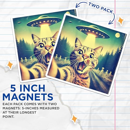 (2 Pack) Alien Cat Magnets - UFO Magnets - Extraterrestrial Cat Magnets - 5" On Longest Side - for Cars, Refrigerators, Toolboxes, Lockers - Made in USA BMCS3382