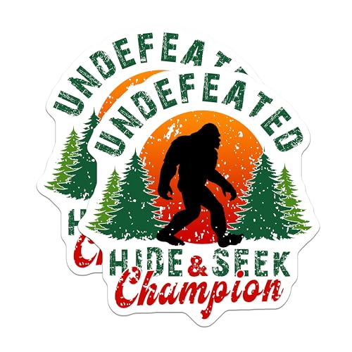(2 Pack) Undefeated Hide and Seek Champion Stickers - Bigfoot Decal - Forest Sasquatch Fun Sticker - 5" On Longest Side - Sticks to Smooth Flat Surfaces - Made in USA - BMCS6228