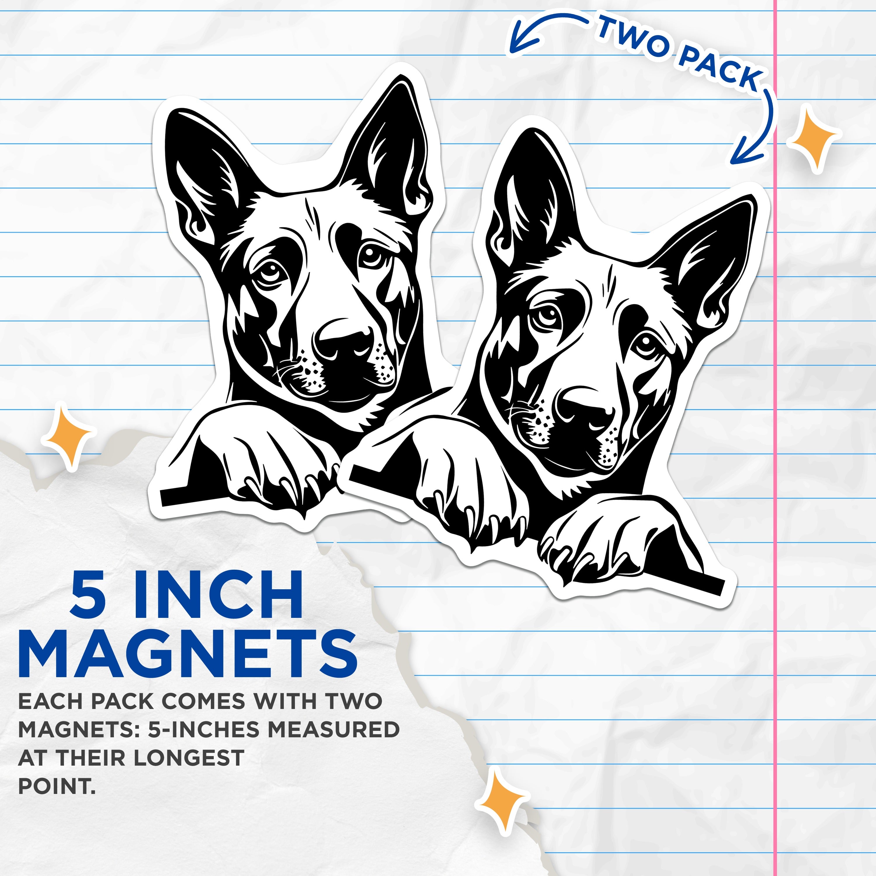 (2 Pack) German Shepherd Magnets - Dog Lover Decor - Pet Owner Refrigerator Art - Animal Themed Kitchen Display - 5 Inches On Longest Side - Thick Durable Magnet - Made in USA - MAG39950
