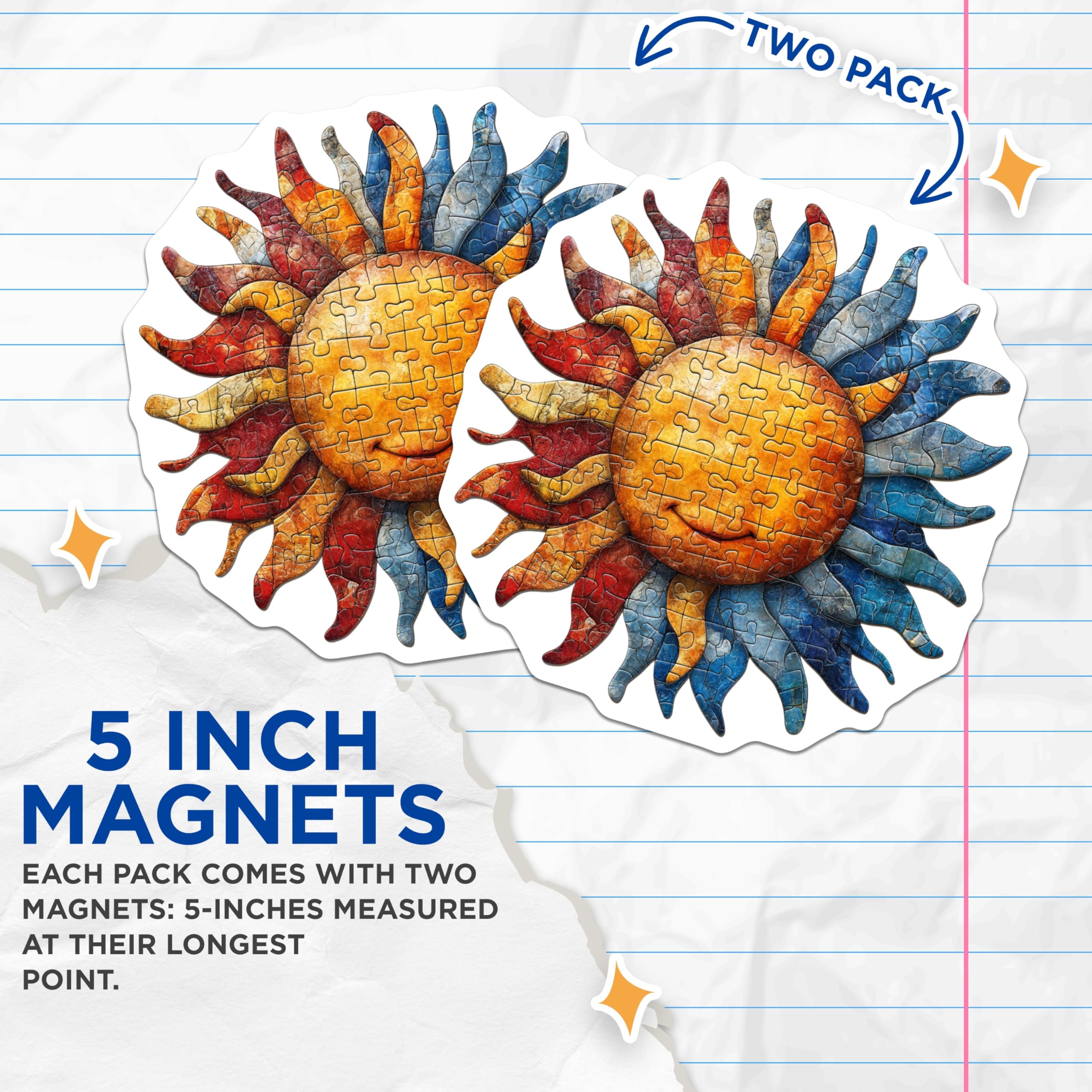 (2 Pack) Mosaic Sun Magnets - Happy Sun Face Decor - Bohemian Kitchen Refrigerator Art - 5 Inches On Longest Side - Thick Durable Magnet - Made in USA - MAG27453