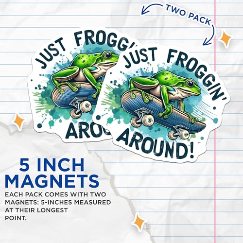 (2 Pack) Just Froggin Around Magnets - Frog Skateboard Art - Fun Fridge Magnets - Unique Novelty Magnets - 5" On Longest Side - for Cars, Fridges, Toolboxes - Made in USA - MAG4580