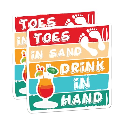 (2 Pack) Toes in Sand Stickers - Drink in Hand Stickers - Summer Vacation Stickers - Beach Vibes Stickers - 5" On Longest Side - Sticks to Smooth Flat Surfaces - Made in USA - BMCS4719