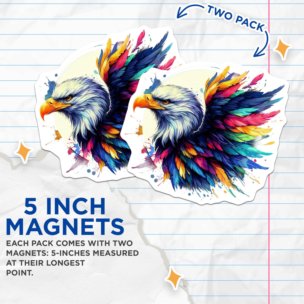 (2 Pack) Vibrant Rainbow Eagle Magnets - Majestic Bird Artwork - Refrigerator Locker Decor - 5 Inches On Longest Side - Thick Durable Magnet - Made in USA - MAG23110