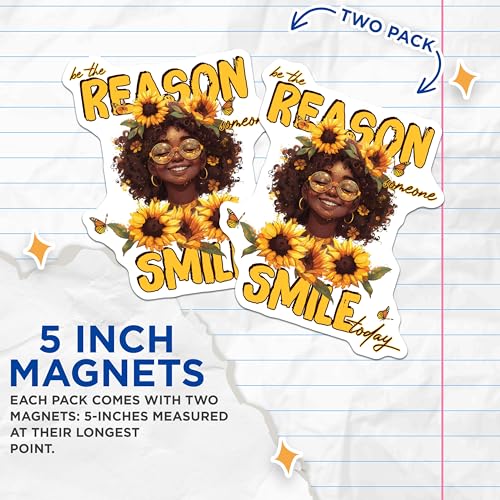 (2 Pack) Sunflower Smile Magnets Magnets - Inspirational Quote - Be The Reason Someone Smile Today - 5" On Longest Side - Made in USA - Sticks to Refrigerators & Metal Surfaces - MAG9034
