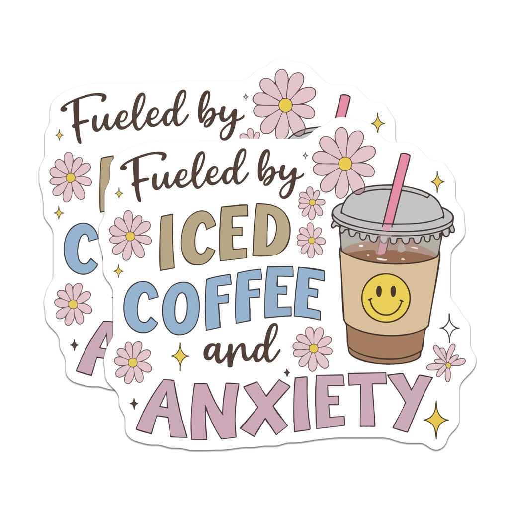 (2 Pack) Fueled By Iced Coffee Anxiety Magnets - Funny Coffee Lover Decor - Daily Mood Refrigerator Locker Magnets - 5 Inches On Longest Side - Thick Durable Magnet - Made in USA - MAG23024