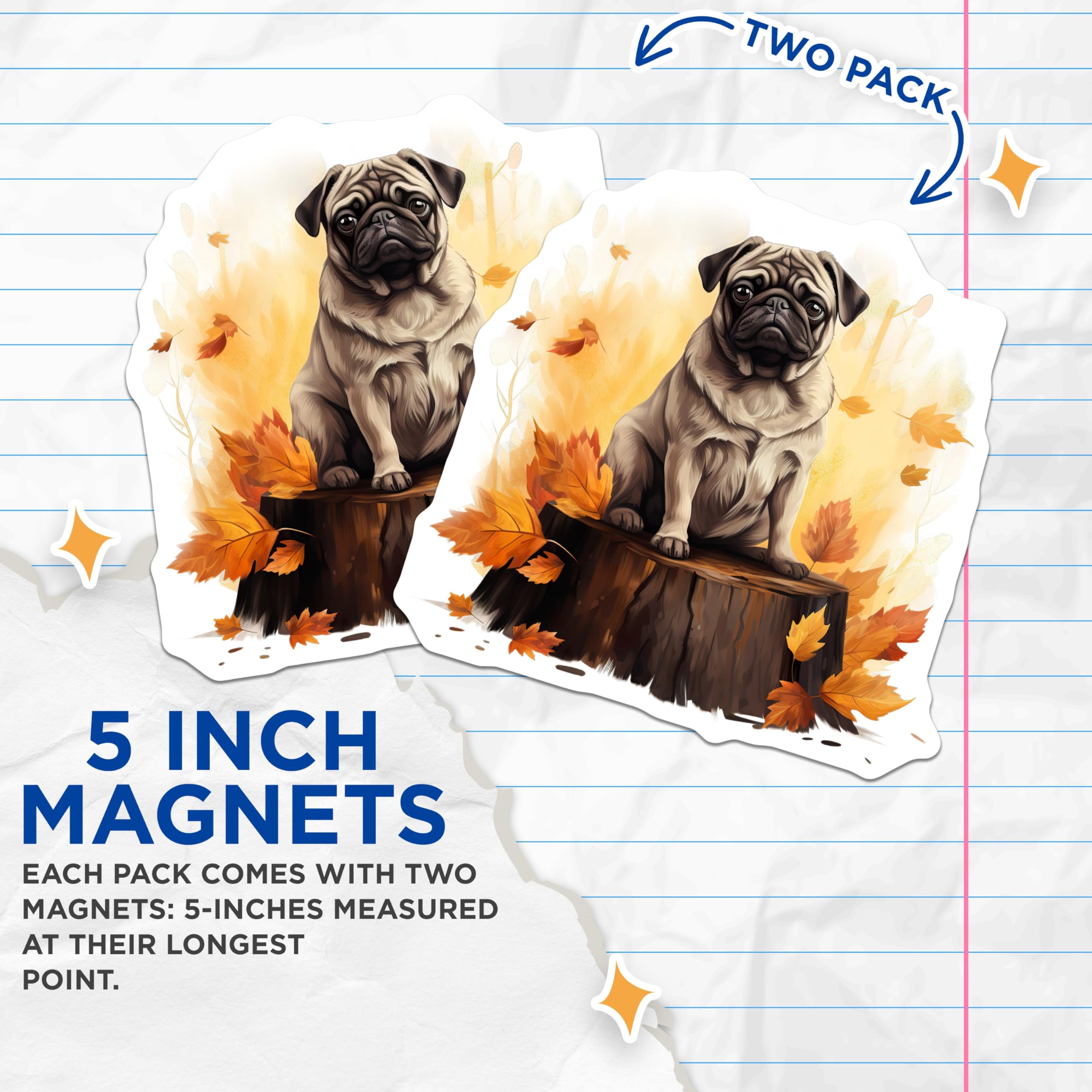 (2 Pack) Autumn Pug Magnets - Fall Dog Lover Decor - Cute Animal Kitchen Accent - Refrigerator Art - 5 Inches On Longest Side - Thick Durable Magnet - Made in USA - MAG26762