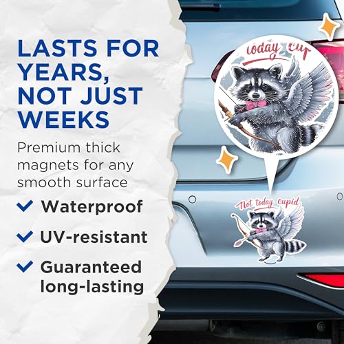 (2 Pack) Not Today Cupid Magnets - Funny Raccoon Magnets - Anti Valentine's Day Magnets- 5" On Longest Side - for Fridges, Toolboxes, Cars - Made in USA - MAG3017