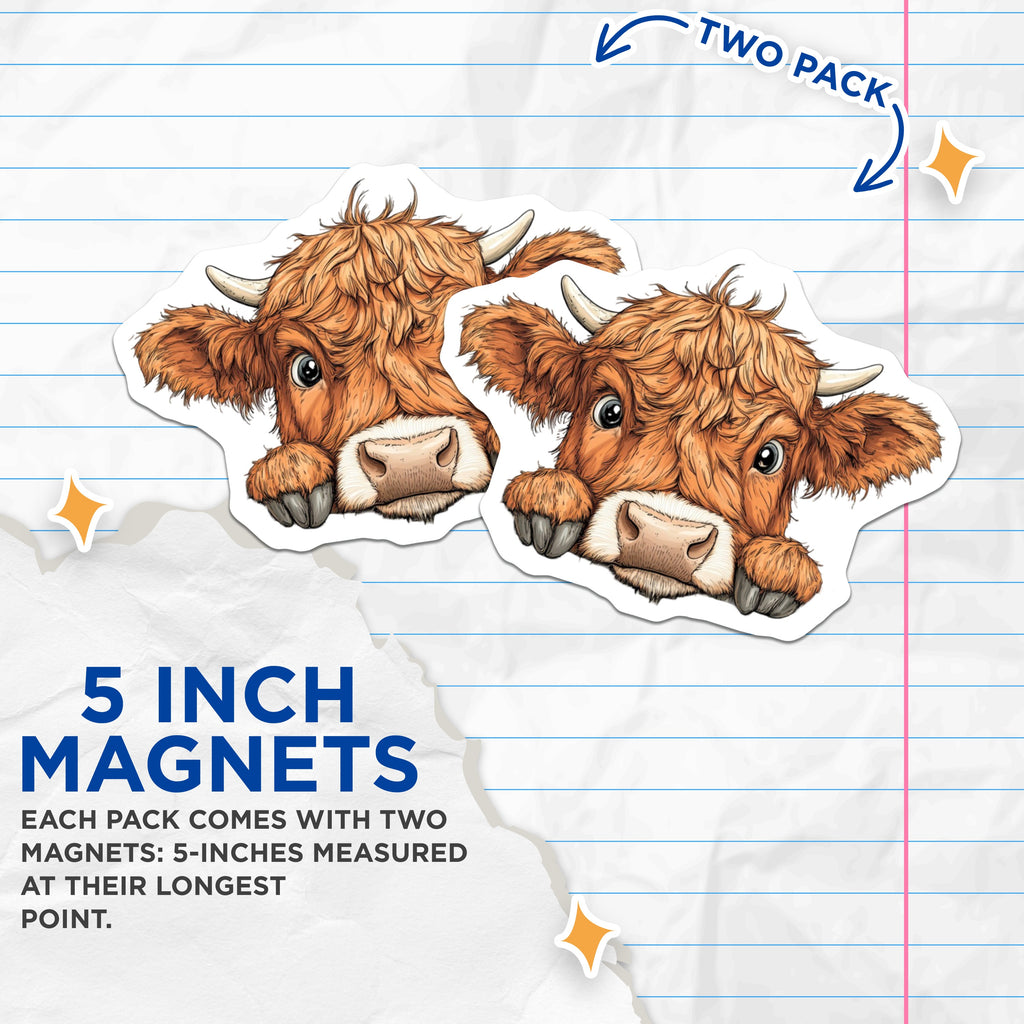 (2 Pack) Highland Cow Magnets - Cute Farm Animal Fridge Decor - Rustic Kitchen Accessory - Animal Lover Locker Art - 5 Inches On Longest Side - Thick Durable Magnet - Made in USA - MAG39063
