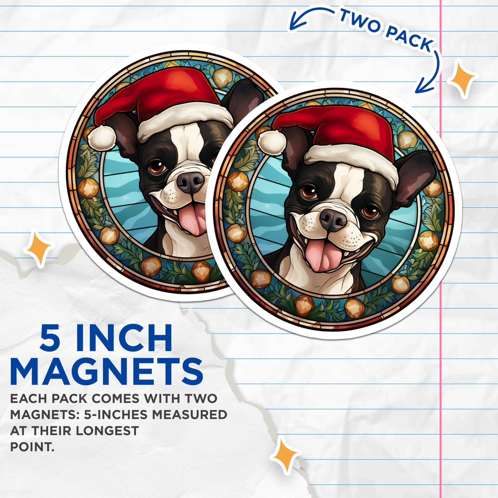 (2 Pack) Boston Terrier Christmas Magnets - Santa Dog Refrigerator - Faux Stained Glass Pet Art - 5 Inches On Longest Side - Thick Durable Magnet - Made in USA - MAG25606