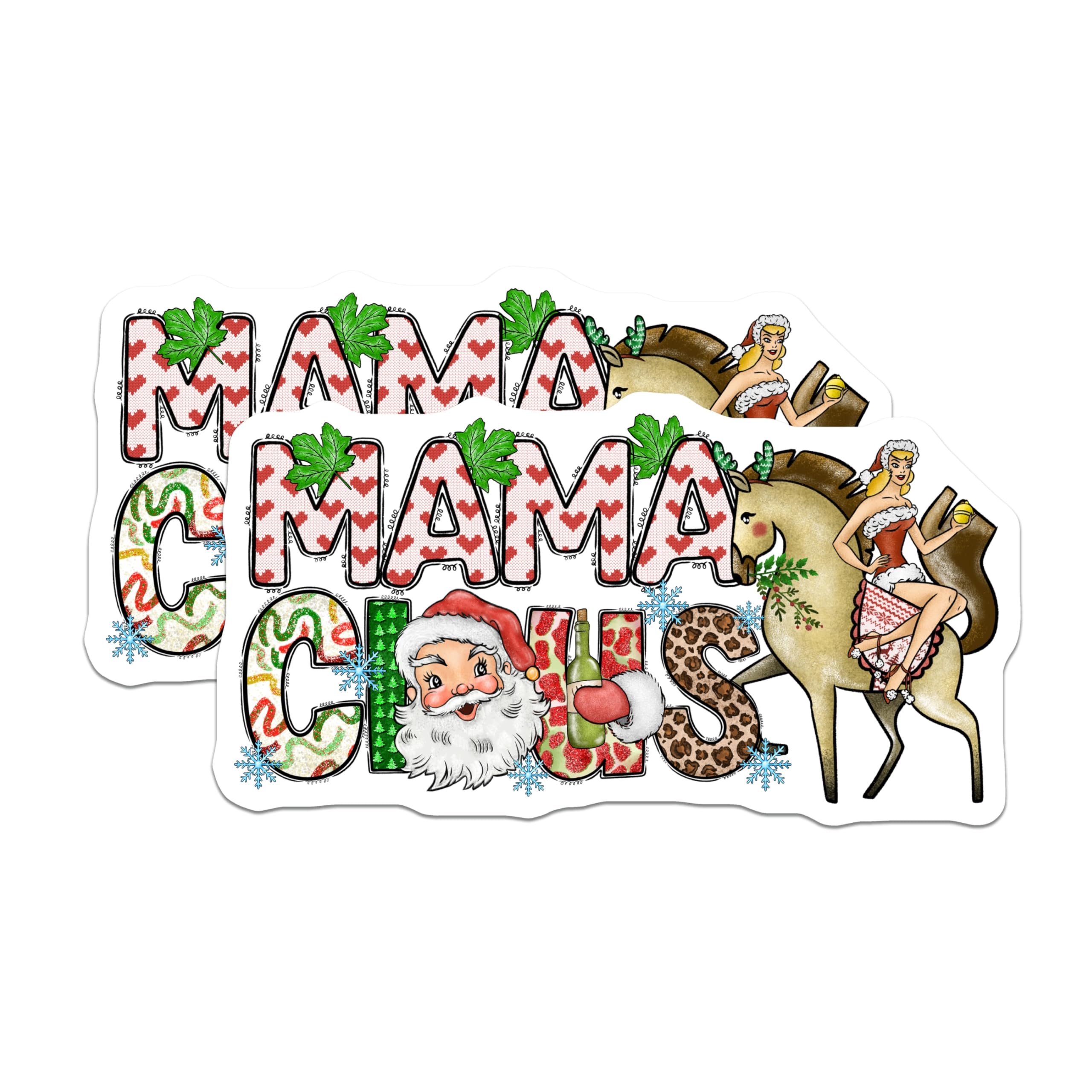 (2 Pack) Mama Claus Christmas Magnets - Funny Holiday Fridge Decor - Pin Up Reindeer Rider - Festive Kitchen Accessories - 5 Inches On Longest Side - Thick Durable Magnet - Made in USA - MAG28841