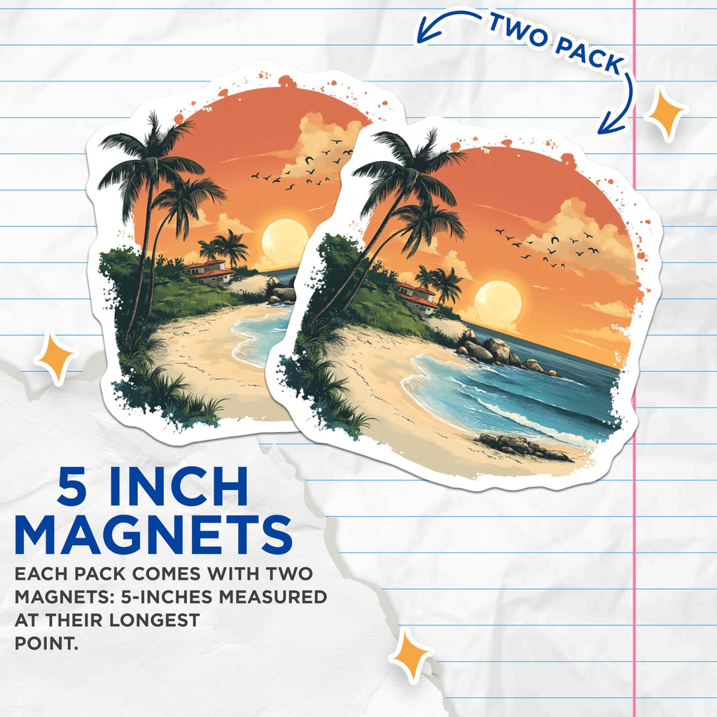 (2 Pack) Tropical Beach Sunset Magnets - Palm Tree Ocean Scene - Vacation Theme Fridge Decor - 5 Inches On Longest Side - Thick Durable Magnet - Made in USA - MAG28486