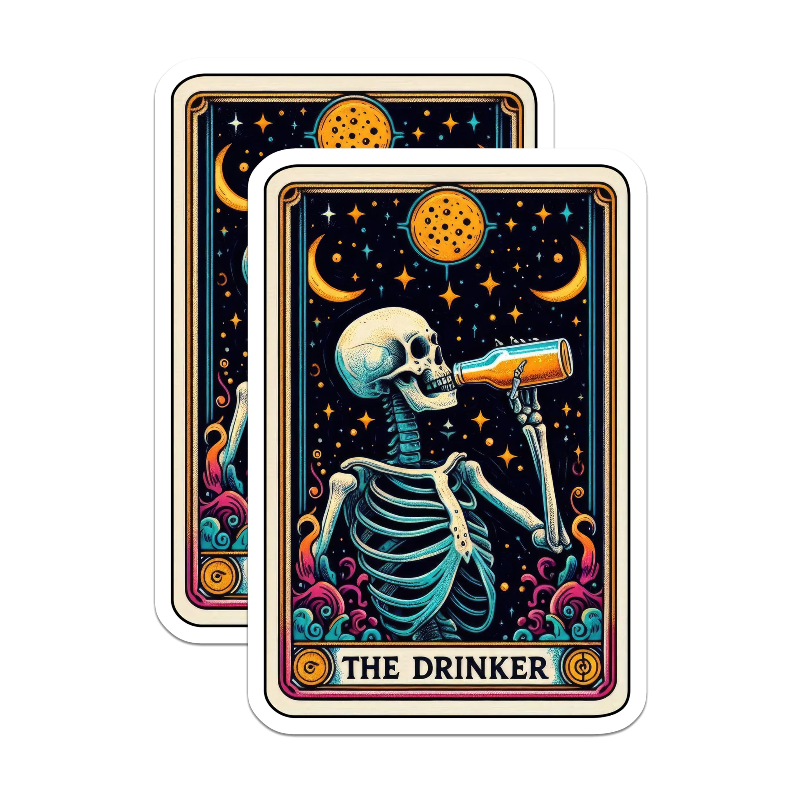 (2 Pack) Skeleton Tarot Card Stickers - Drinking Skeleton Art Stickers - Spooky Skeleton Illustration Stickers - 5" On Longest Side - Sticks to Smooth Flat Surfaces - Made in USA - BMCS5396