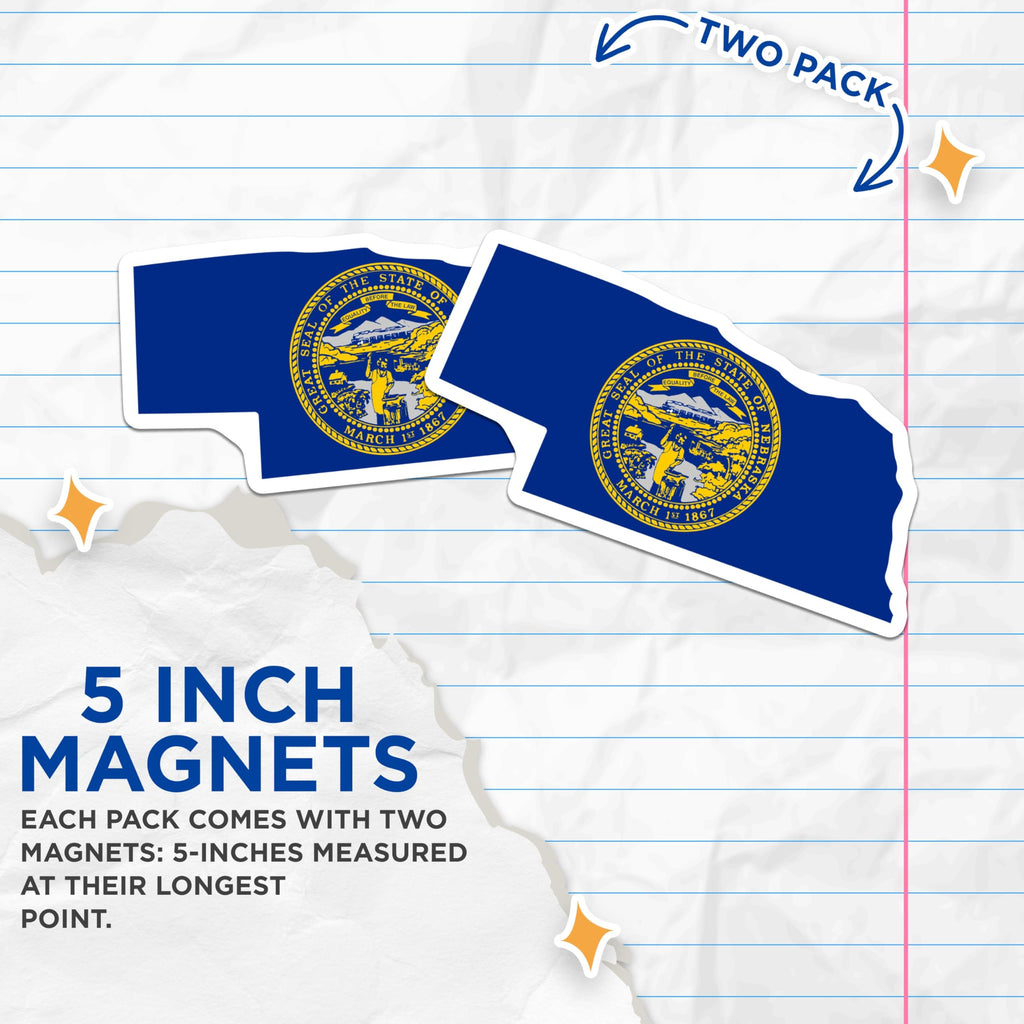 (2 Pack) Nebraska State Flag Magnets - Cornhusker State Seal Refrigerator Decor - Patriotic American State Souvenir - 5 Inches On Longest Side - Thick Durable Magnet - Made in USA - MAG20902
