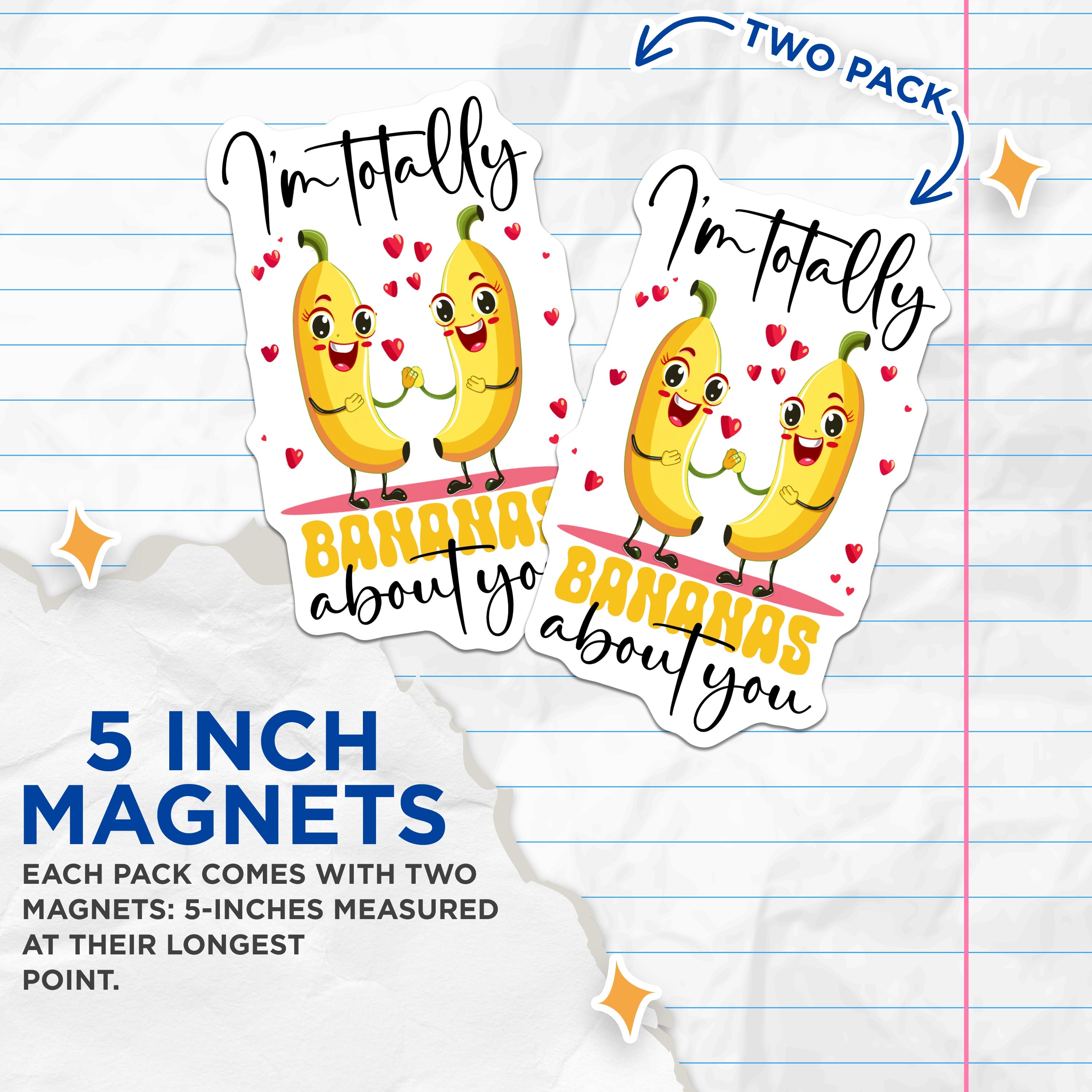 (2 Pack) Bananas About You Magnets - Cute Banana Love - Funny Couple Relationship Decor - 5 Inches On Longest Side - Thick Durable Magnet - Made in USA - MAG38857