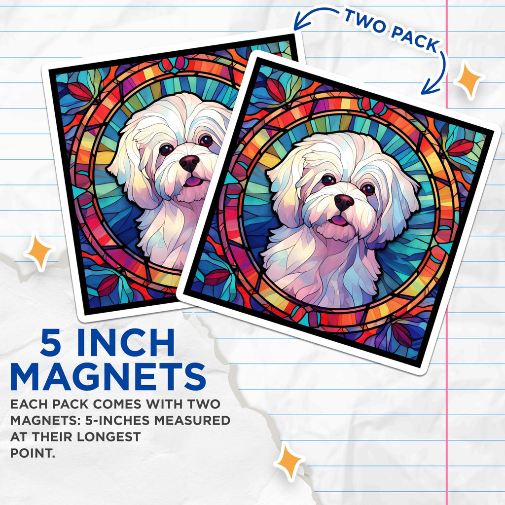 (2 Pack) Maltese Dog Magnets - Stained Glass Pup Decor - Fridge Refrigerator Magnets - 5" On Longest Side - Premium Magnet - for Cars, Refrigerators, Toolboxes, Lockers - Made in USA - MAG16383