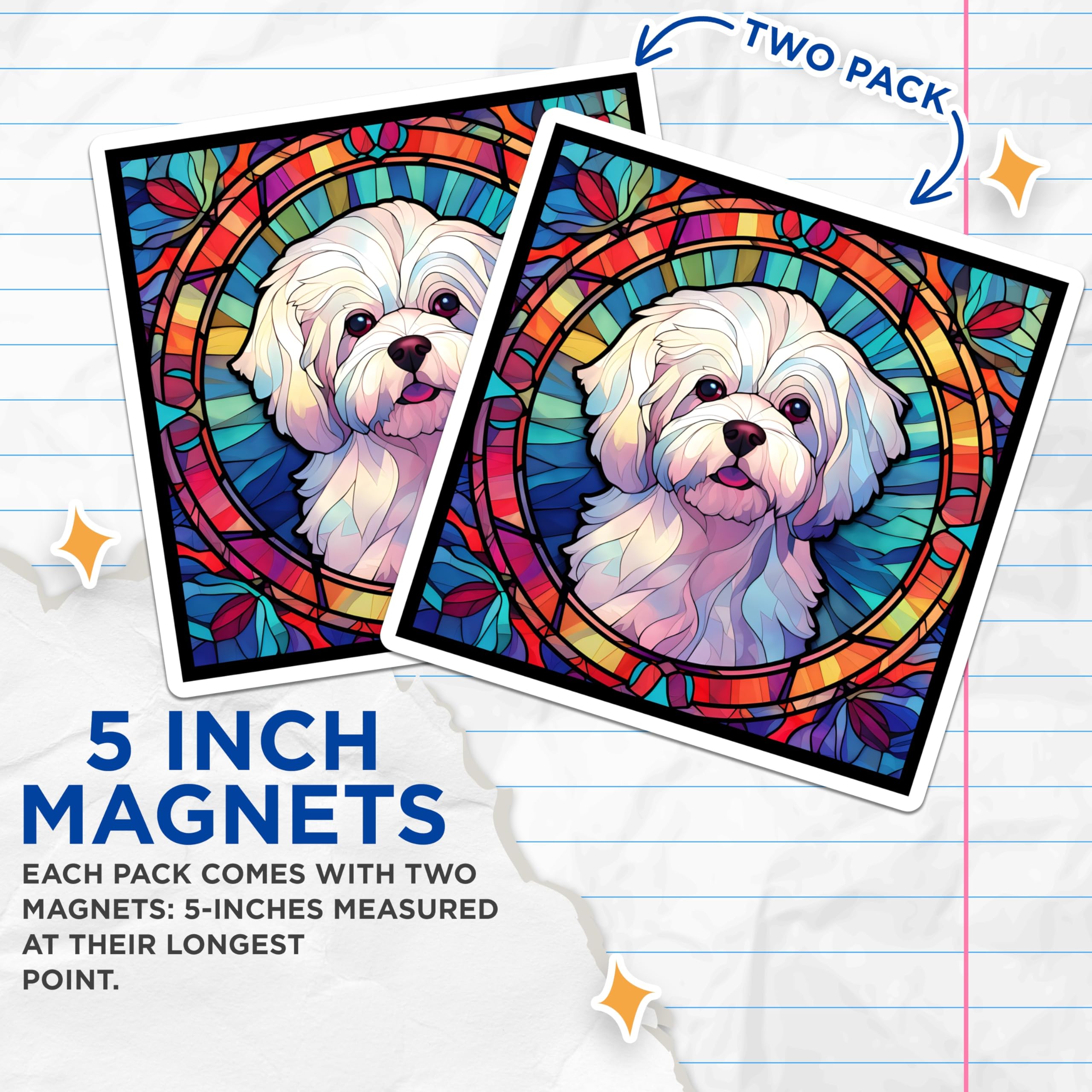 (2 Pack) Maltese Dog Magnets - Stained Glass Pup Decor - Fridge Refrigerator Magnets - 5" On Longest Side - Premium Magnet - for Cars, Refrigerators, Toolboxes, Lockers - Made in USA - MAG16383