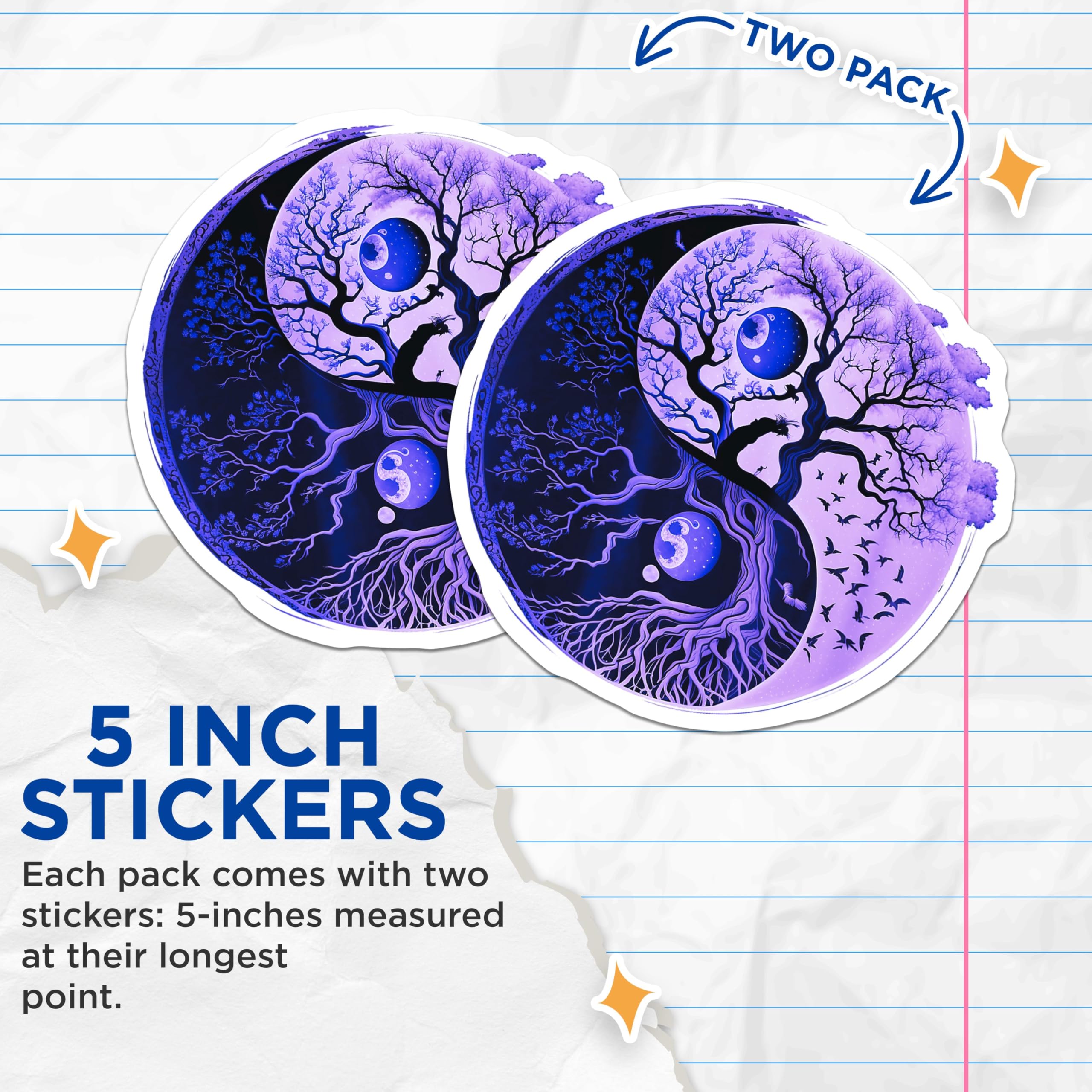 (2 Pack) Yin Yang Tree Stickers - Moon Phase Stickers - Nature Woodland Stickers - 5" On Longest Side - Sticks to Any Smooth Flat Surface - Made in USA - BMCS3567