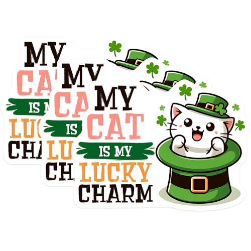 (3 Pack) Lucky Charm Cat Decals - St Patricks Day Kitty - Irish Cat Hat Stickers - 3 Inches On Longest Side - Easy Peel & Apply - Made in USA - 3MCS6859