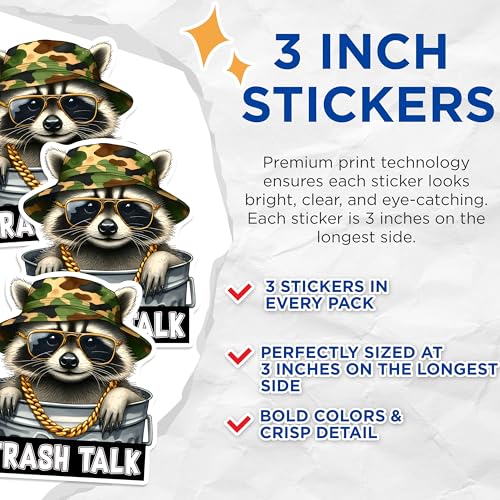 (3 Pack) Trash Talk Raccoon Decals - Funny Animal Sticker - Laptop Decal - 3 Inches On Longest Side - Easy Peel & Apply - Made in USA - 3MCS0272