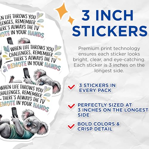 (3 Pack) Koala Remote Decals - Funny Quote Sticker - Laptop Decal - 3 Inches On Longest Side - Easy Peel & Apply - Made in USA - 3MCS4832
